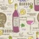 Gift card illustration of Bulgarian wine, grapes, cheese, barrels drawn in a playful style
